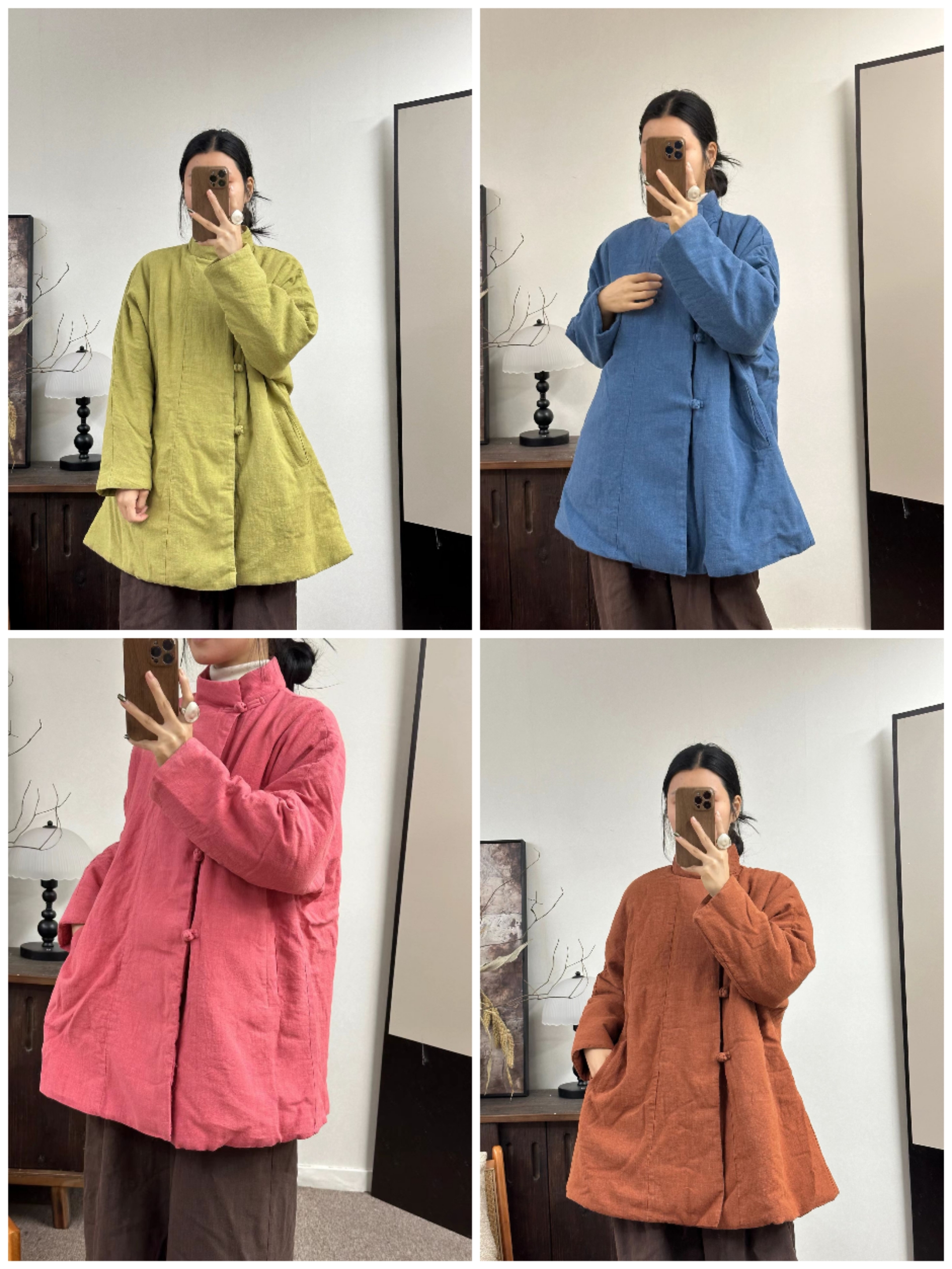 【布衣麻舍】7285新款纯色亚麻立领加厚开襟棉服（衣长85，胸围130）