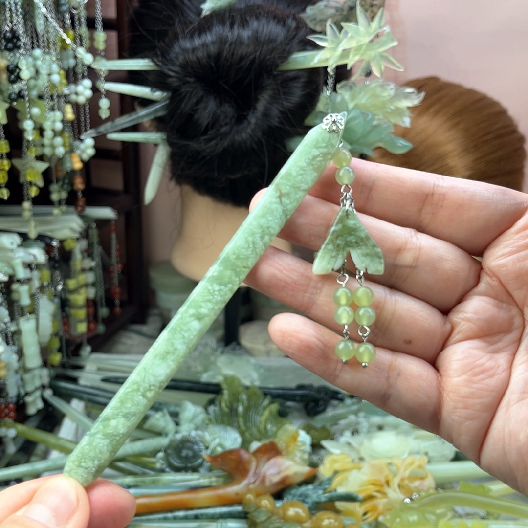 蛇纹石玉发饰未镶嵌长度14.5厘米左右