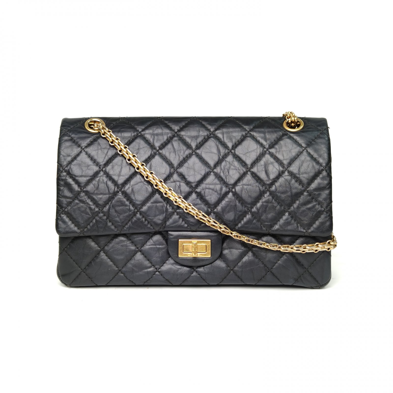95新 Chanel/香奈儿 【黑黑】2.55 口盖包 大号 黑色 23开 金扣 