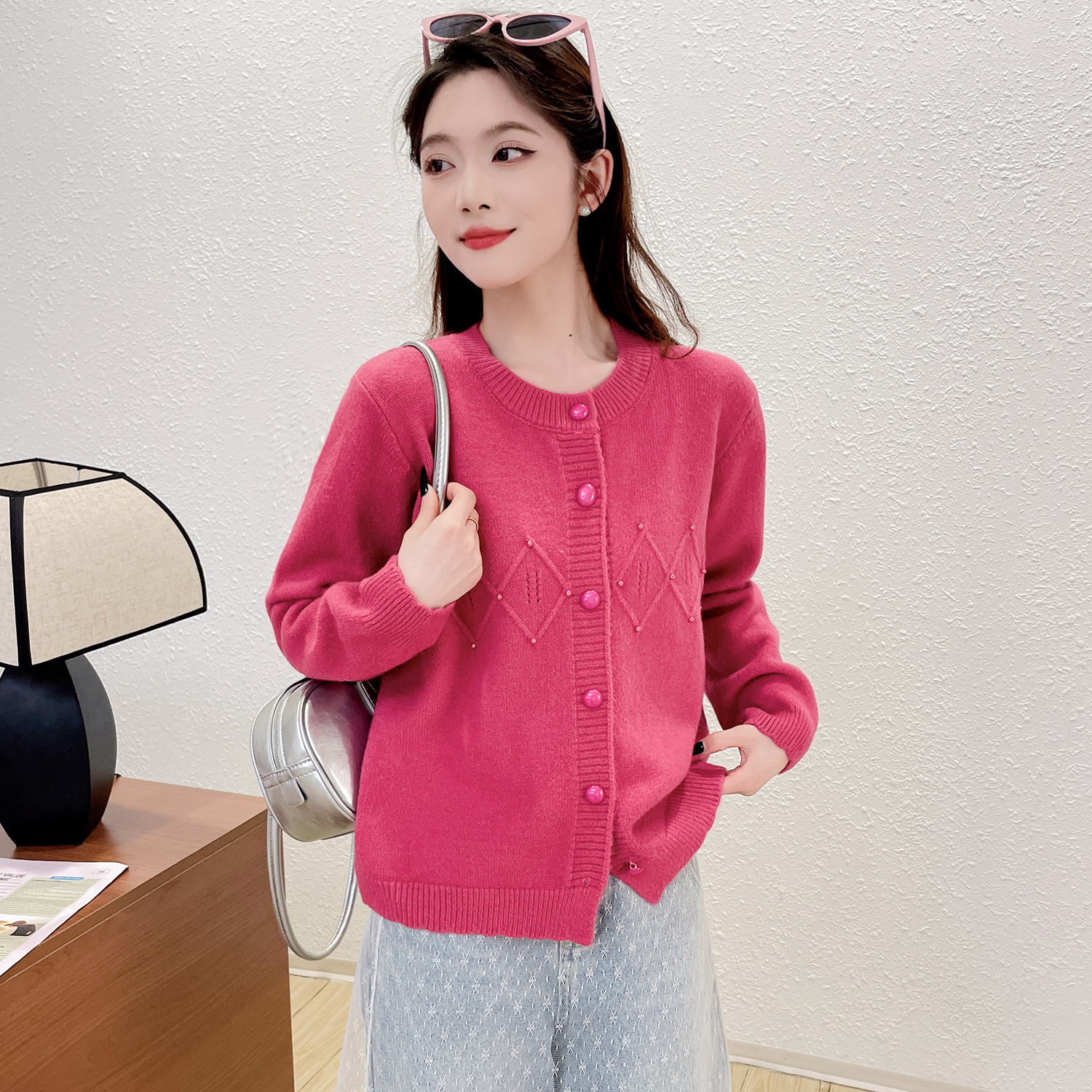 苏醒的乐园开衫女简约同色扣圆领SXMY32956针织春装百搭毛衣