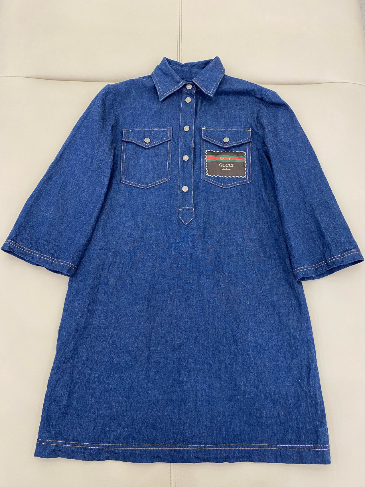 99新 GUCCI/古驰 Gucci深蓝牛仔A字连衣裙 9分袖 腰带丢失 
