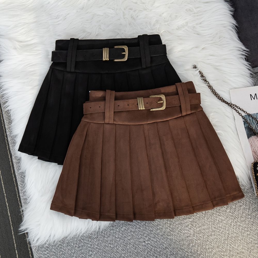 美拉德风咖色麂皮绒百褶短裙女秋冬美式半身裙辣妹低腰显瘦a字裙