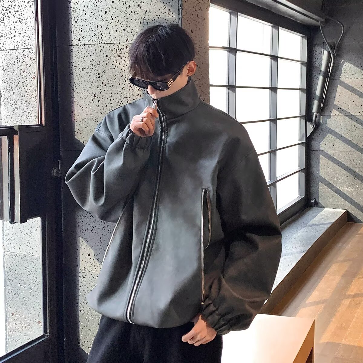 美式PU皮夹克男加肥加大码潮流胖子宽松立领炸街痞帅ins春装嘻哈