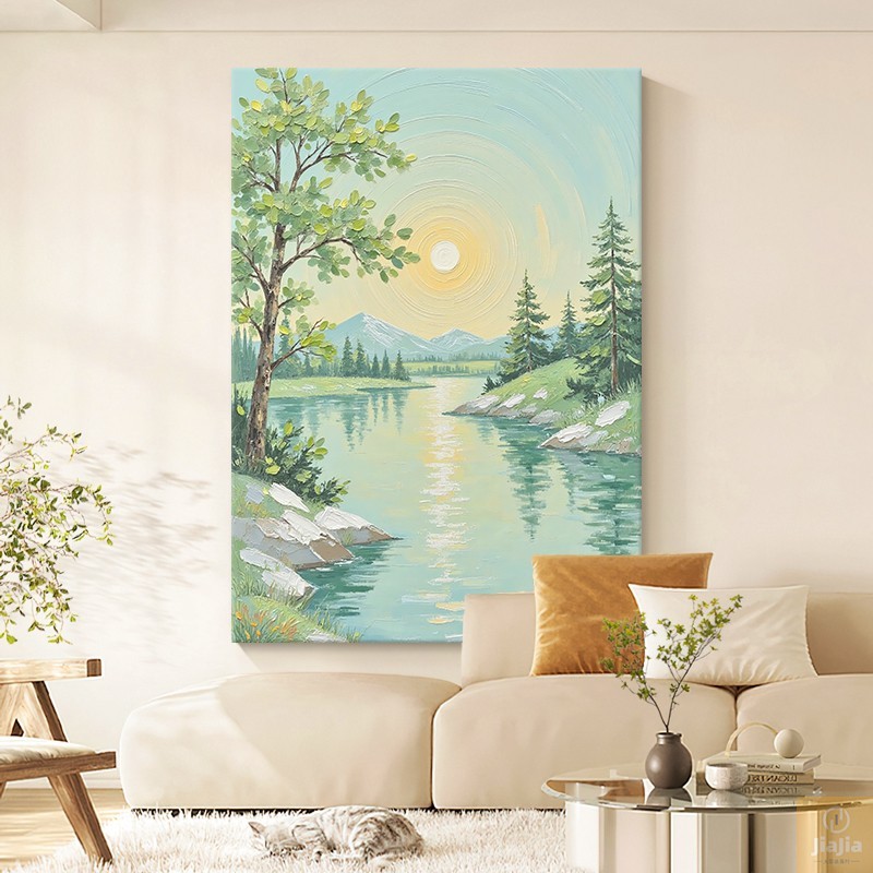 日出手绘油画现代简约客厅装饰画奶油风玄关沙发背景墙治愈系挂画