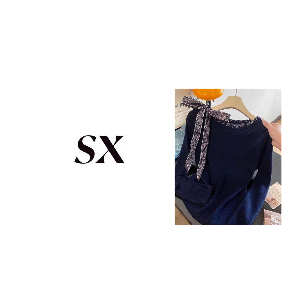 【7569】#SX-韩系手工编制丝巾领藏青色针织衫