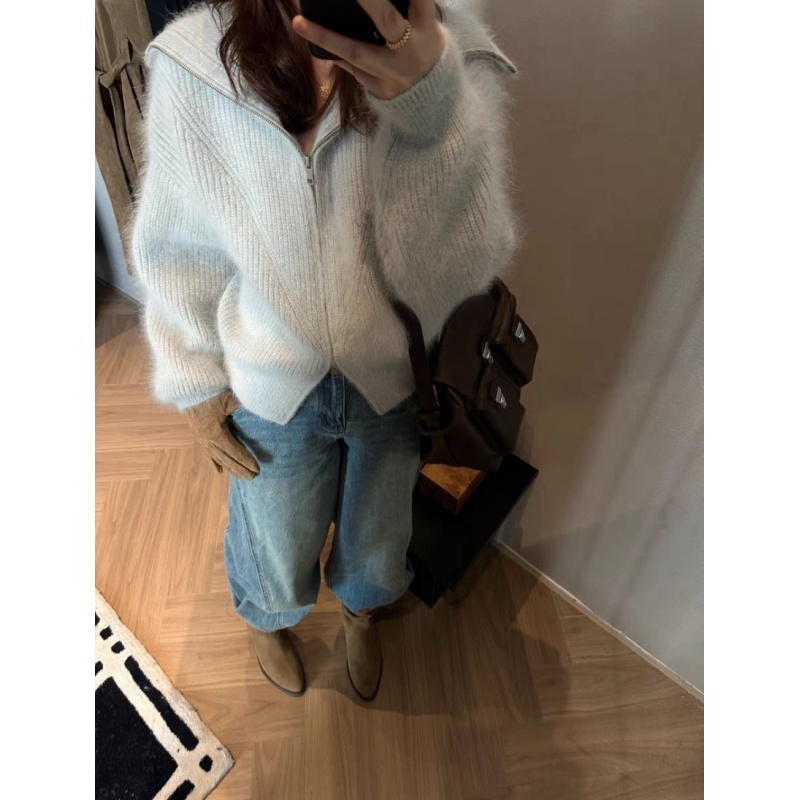 韩系宽松大板拉链翻领针织开衫1300