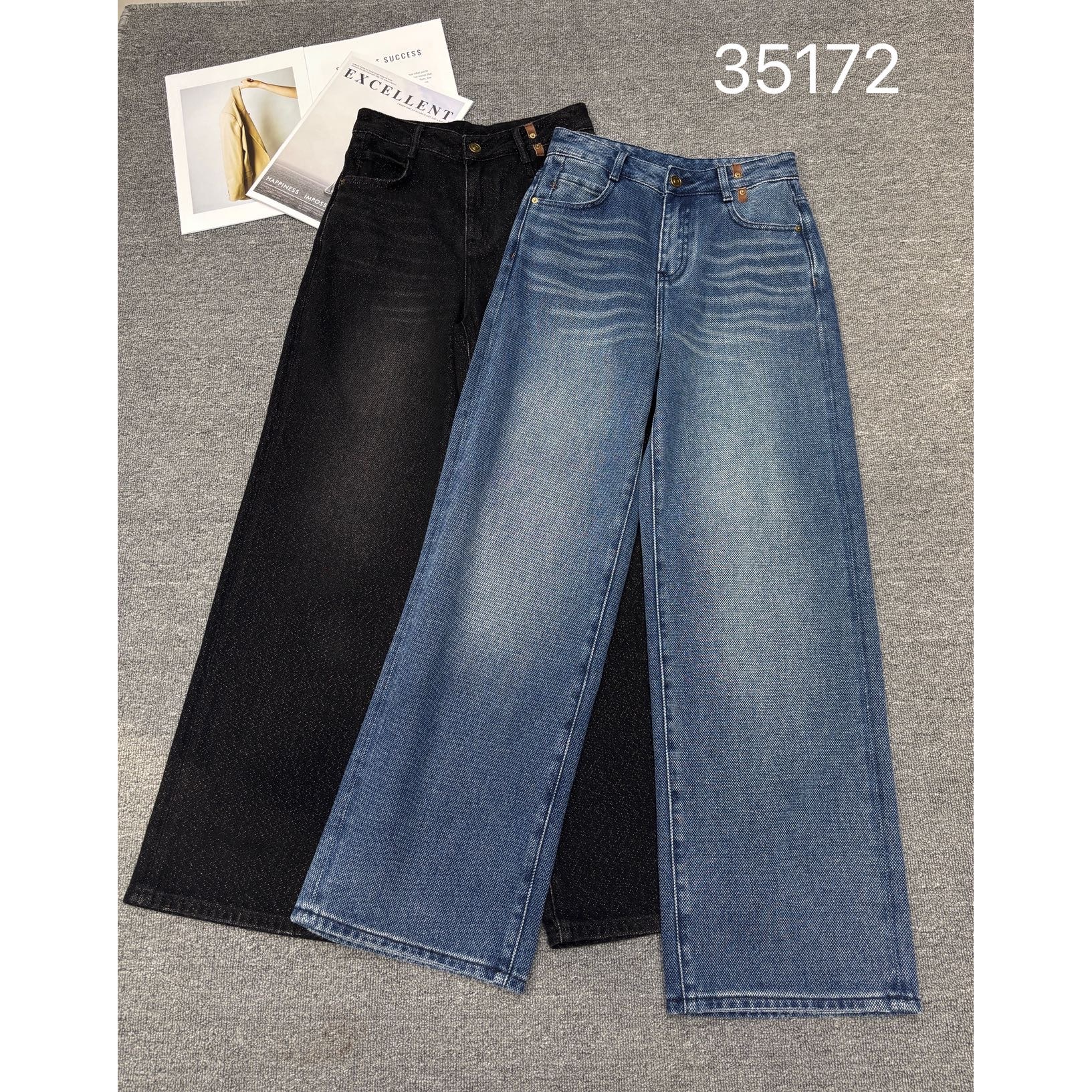 KIKI严选：35172-YER家欧货南油秋冬绳结混纺金银丝阔腿裤牛仔裤