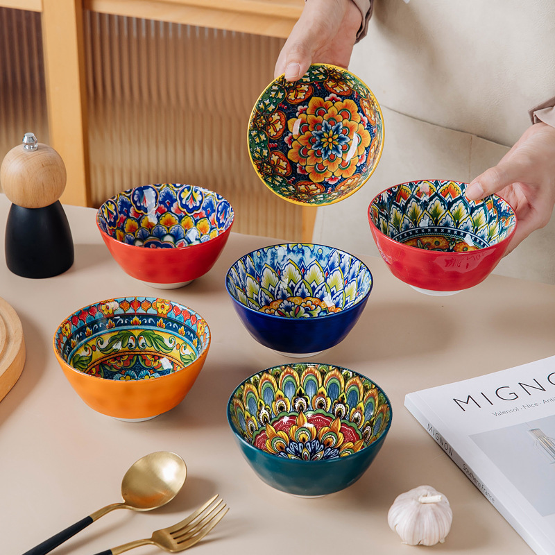 拍一发6个【西藏包邮】波西米亚釉下彩碗  彩绘西餐陶瓷碗家用餐具