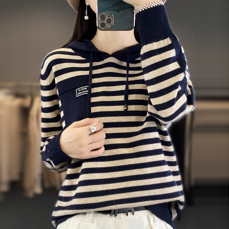 25秋冬新款条纹连帽卫衣宽松洋气减龄大码针织衫显瘦百搭打底衫
