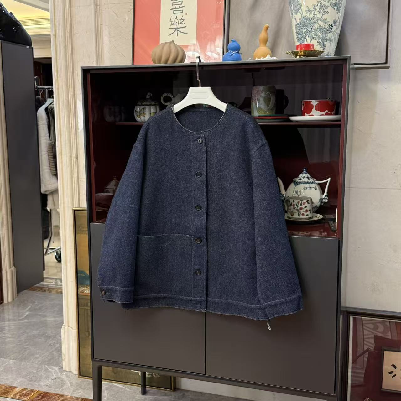 MYL 2025秋冬新品羊毛混纺牛仔蓝外套圆领长袖休闲宽松单排扣上衣