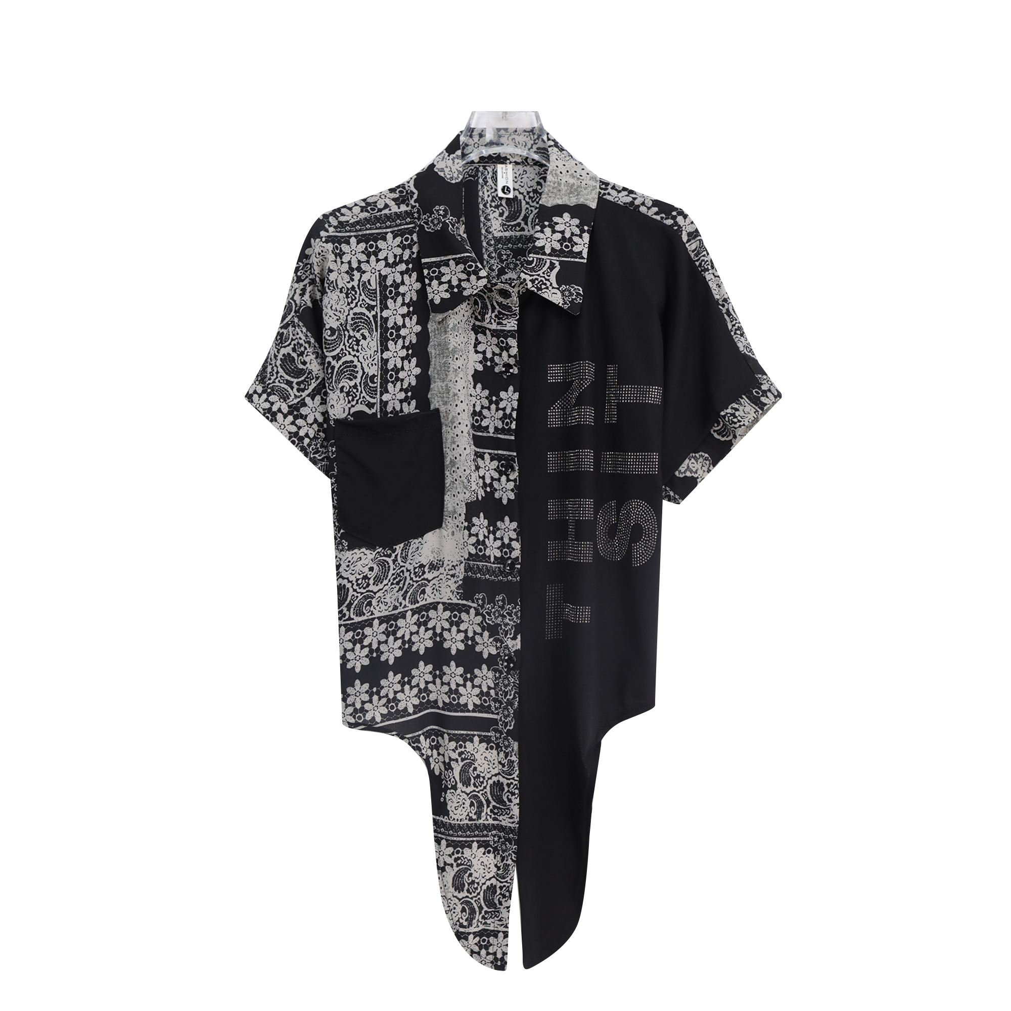 洋气百搭印花短袖衬衫显瘦减龄烫钻设计A11353