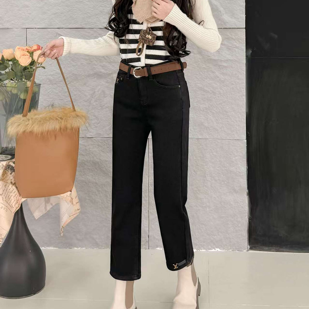 28895#冬季新款加绒韩系轻奢四面弹显瘦百搭牛仔裤女法棍烟管裤