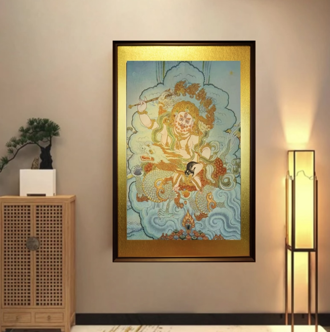 刺绣材质（白财神）挂画实木装裱玄关书房茶室办公室背景墙装饰画