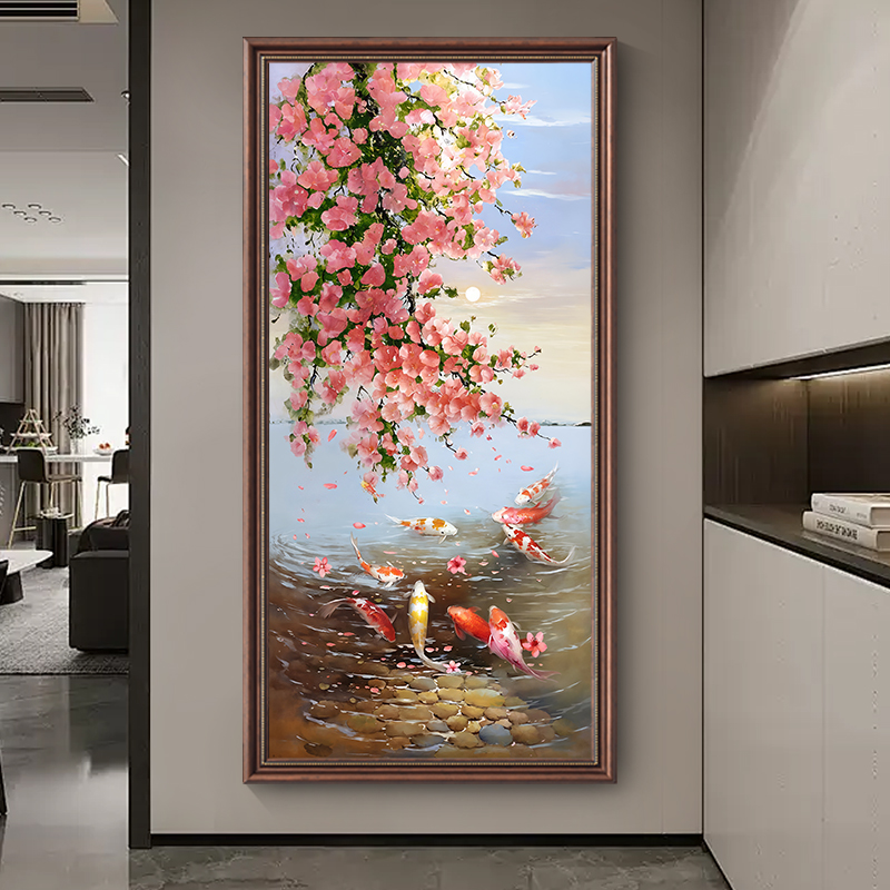 《落花九鱼图》美式复古玄关装饰画寓意肌理油画进门处喜气过道壁画