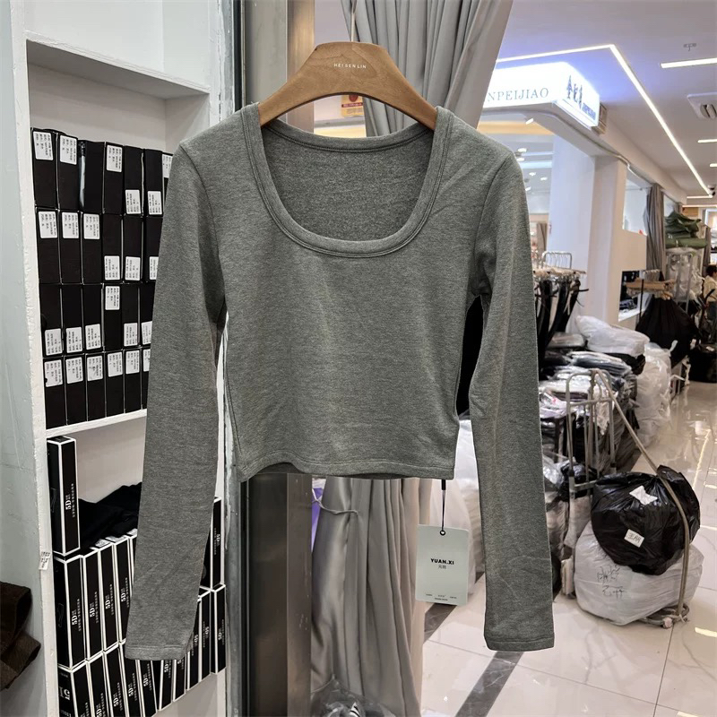 长袖假两件时尚秋冬螺纹设计感T恤显瘦套装短款百搭方领