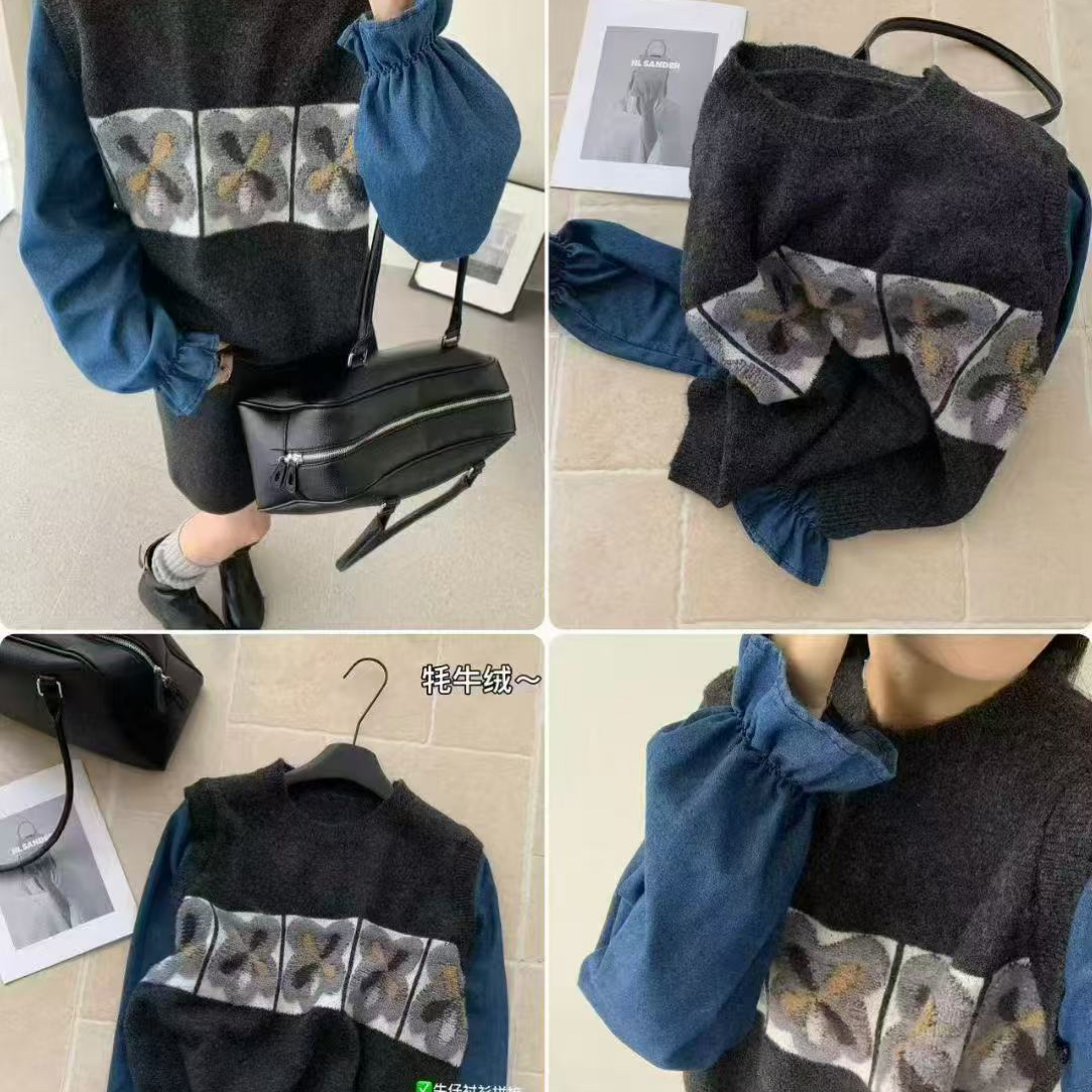 （衣长59）510冬韩系圆领提花针织牛仔衬衫假两件毛衣针织衫