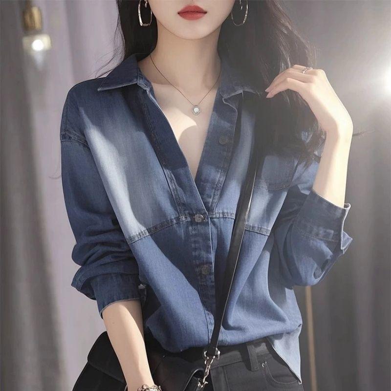2025春季新款女装港风穿搭高级感复古蓝色牛仔POLO领长袖衬衫上衣