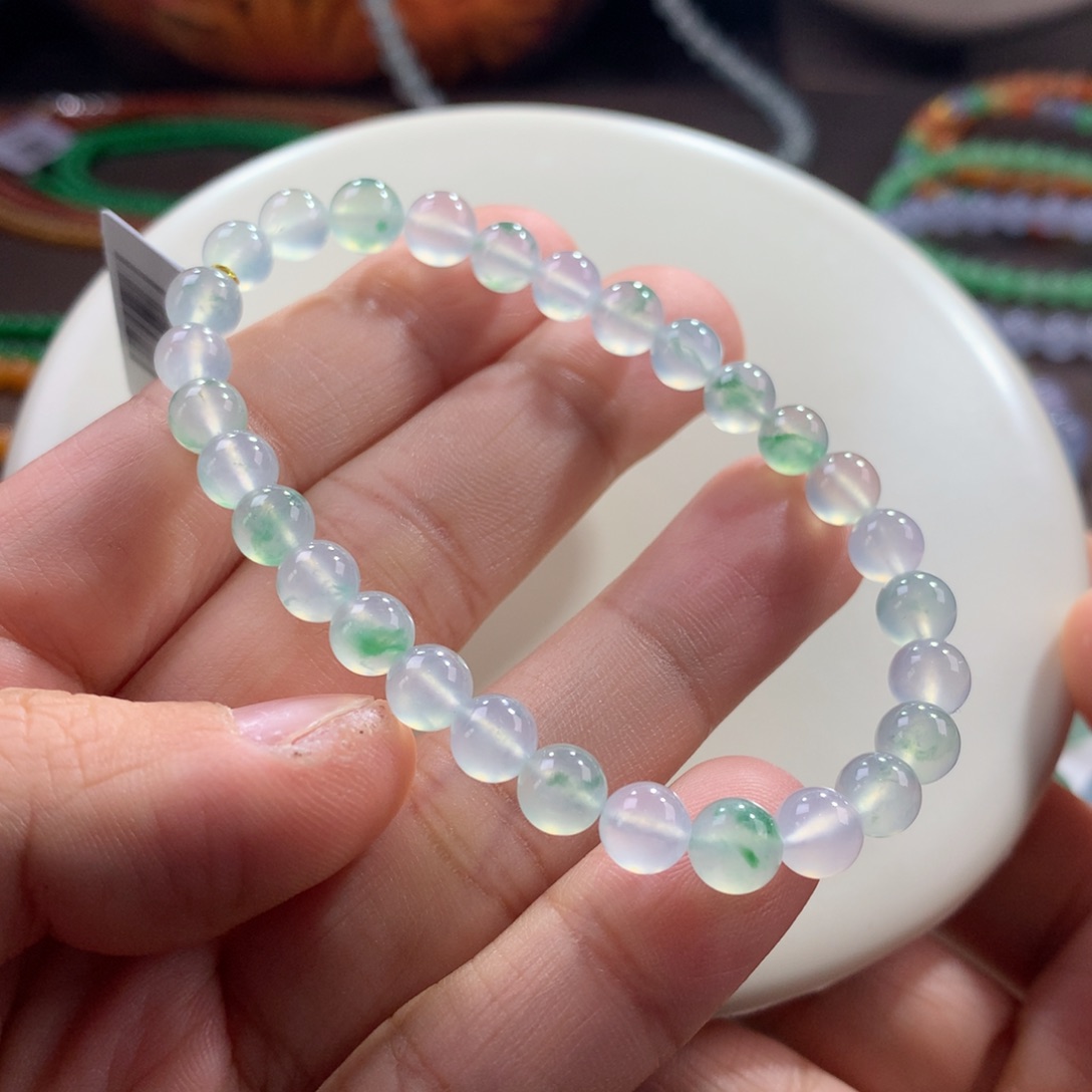 翡翠未镶嵌手链仙气飘飘 白冰飘绿花手串卡6.1