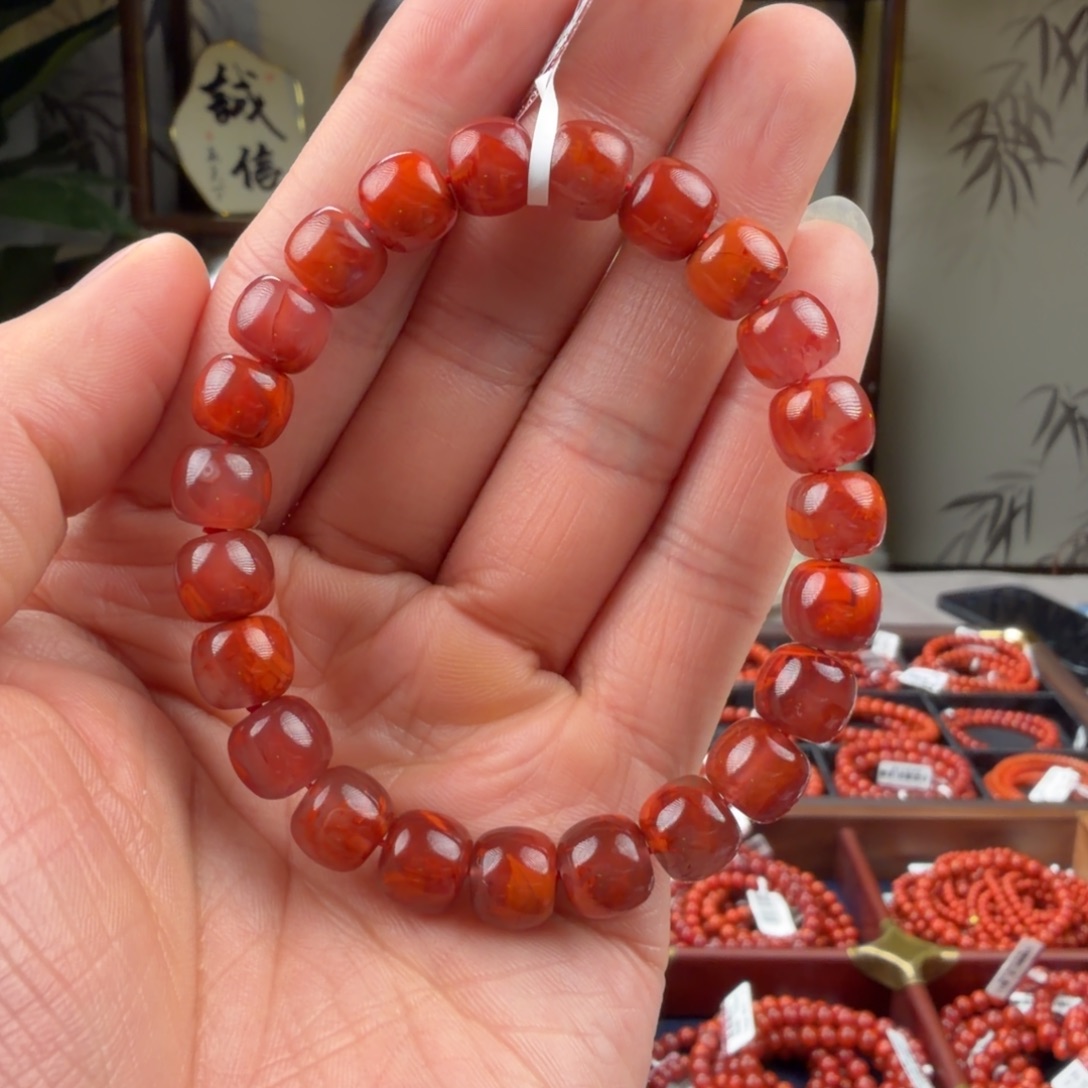 南红玛瑙未镶嵌手链9mm+火焰纹老型单圈