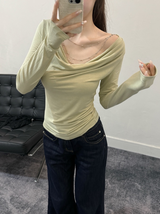 纯欲紧身杂志风百搭长袖修身型纯色常规款上衣9688