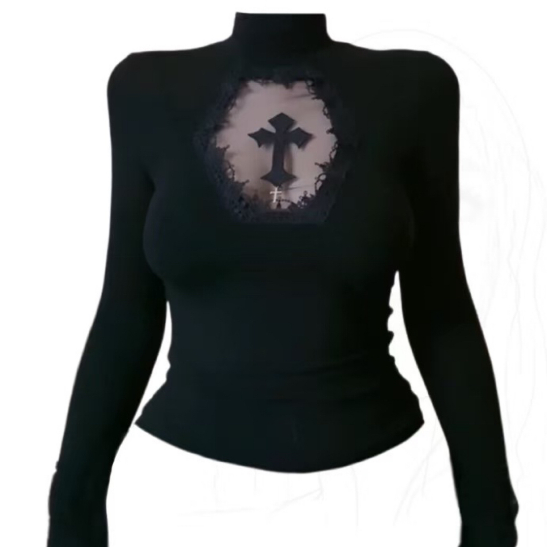 王大温柔家～大码女装美式复古镂空性感网纱拼接半高领上衣