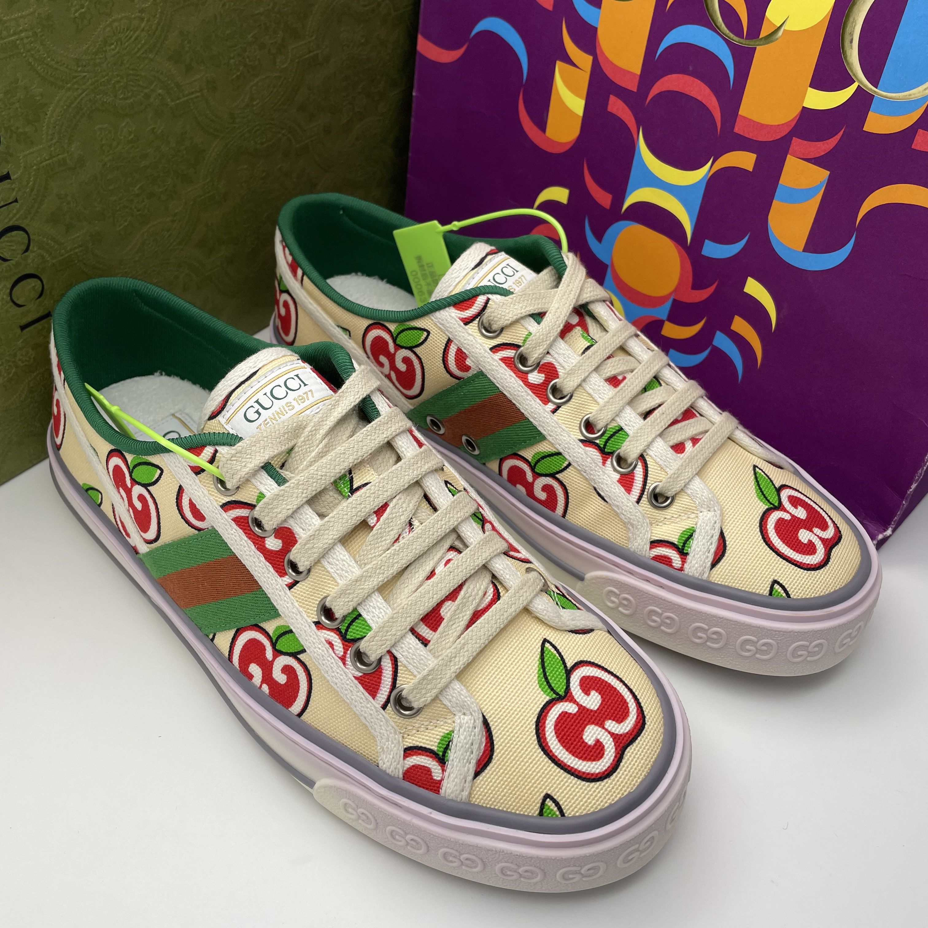 未使用 GUCCI/古驰 38欧码/帆布黄色1977系列苹果板鞋/全套