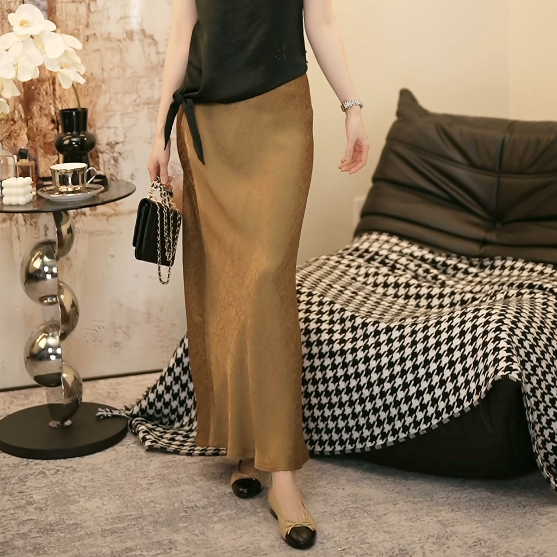 【燕子在南油】96裙长夏季新款醋酸弹力腰围龟裂纹半裙时尚3776