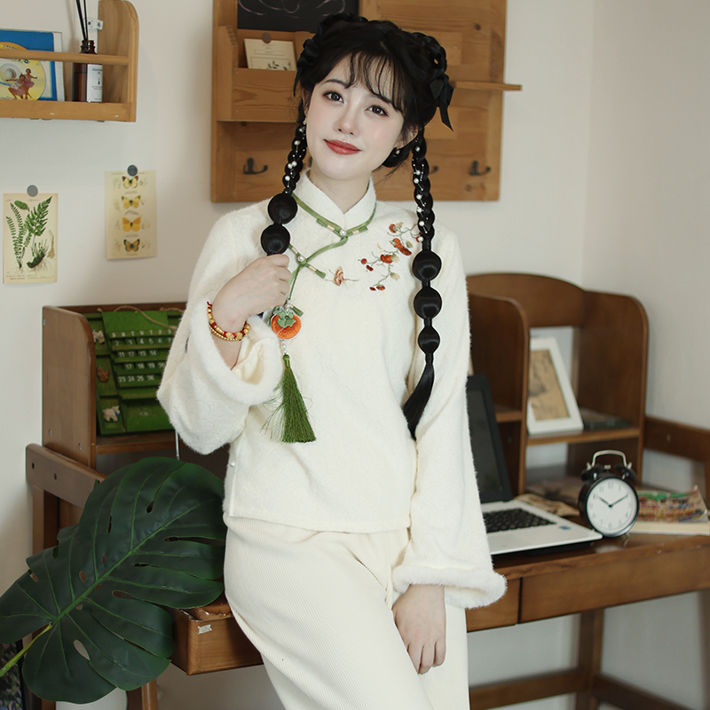 听月小筑【心想柿成】原创女秋冬加绒立领斜襟上衣刺绣新中式外套