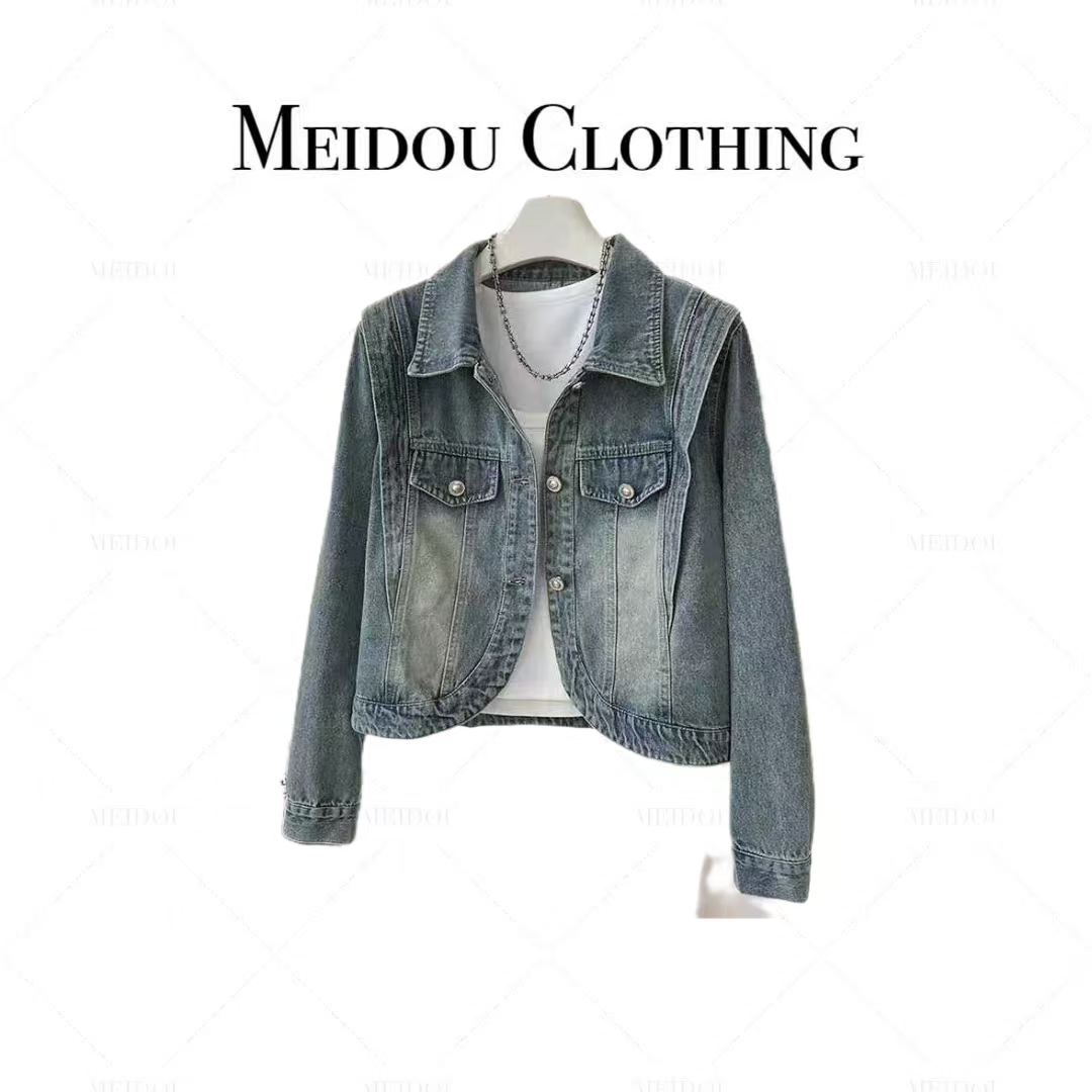 MEIDOU-6105【港风夹克】复古短款牛仔外套女宽松长袖重工