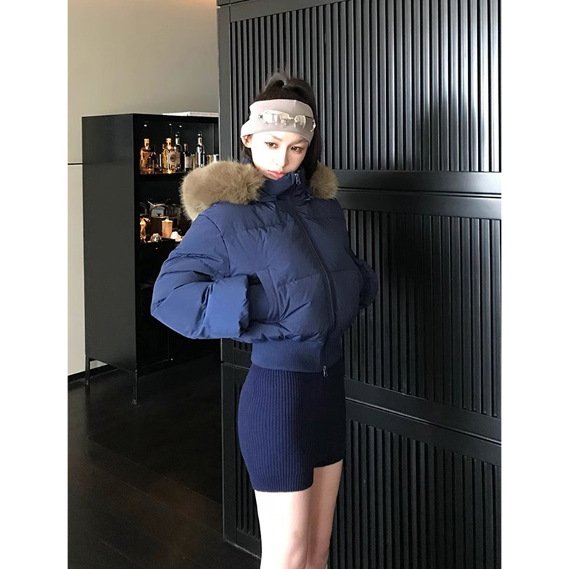 芬兰雪境 冬季复古毛领连帽棉服女新款韩系收腰加厚短款棉衣棉袄