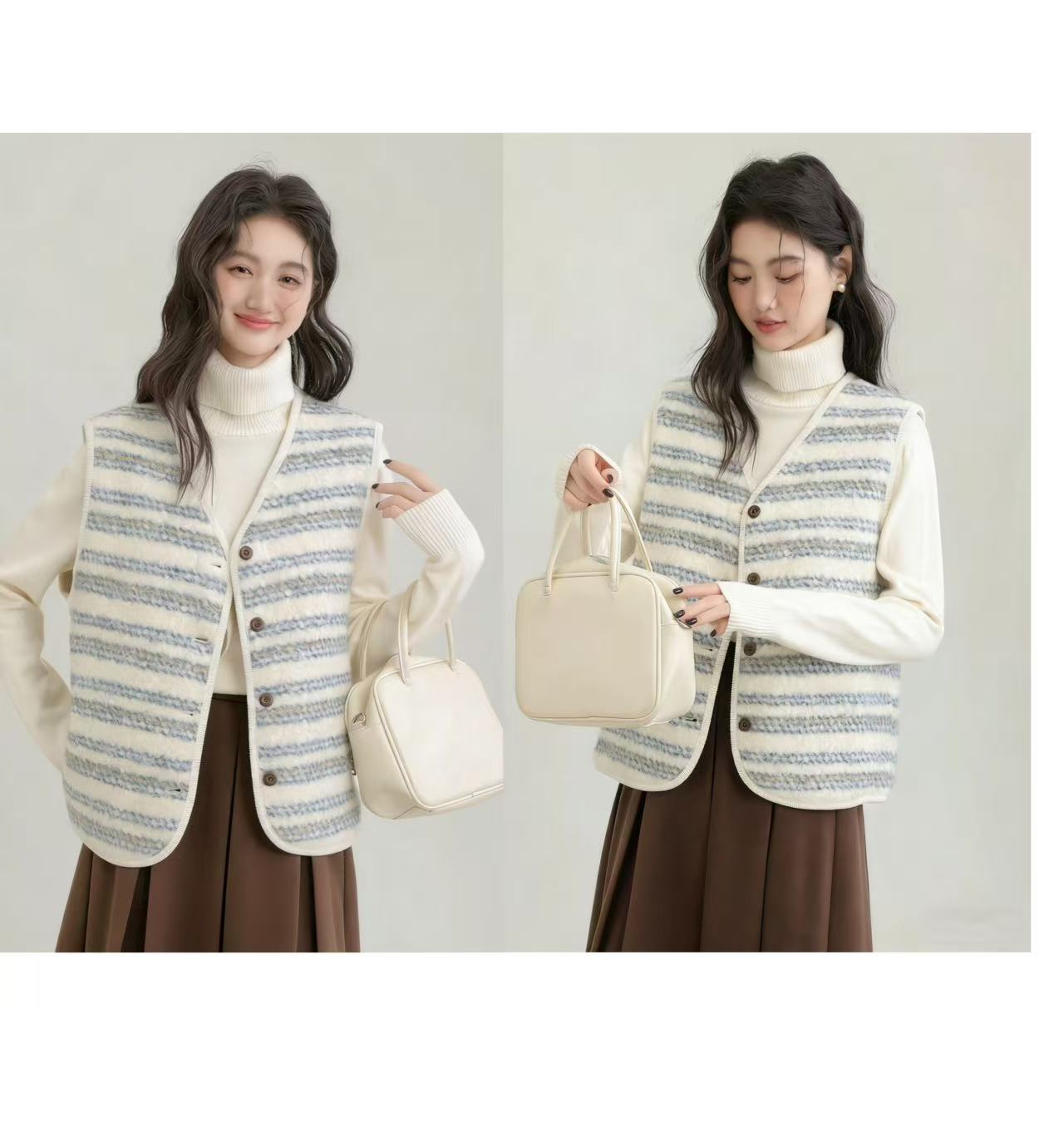 小慧 费尔岛条纹撞色手工订绳两穿加绒保暖马甲KH90