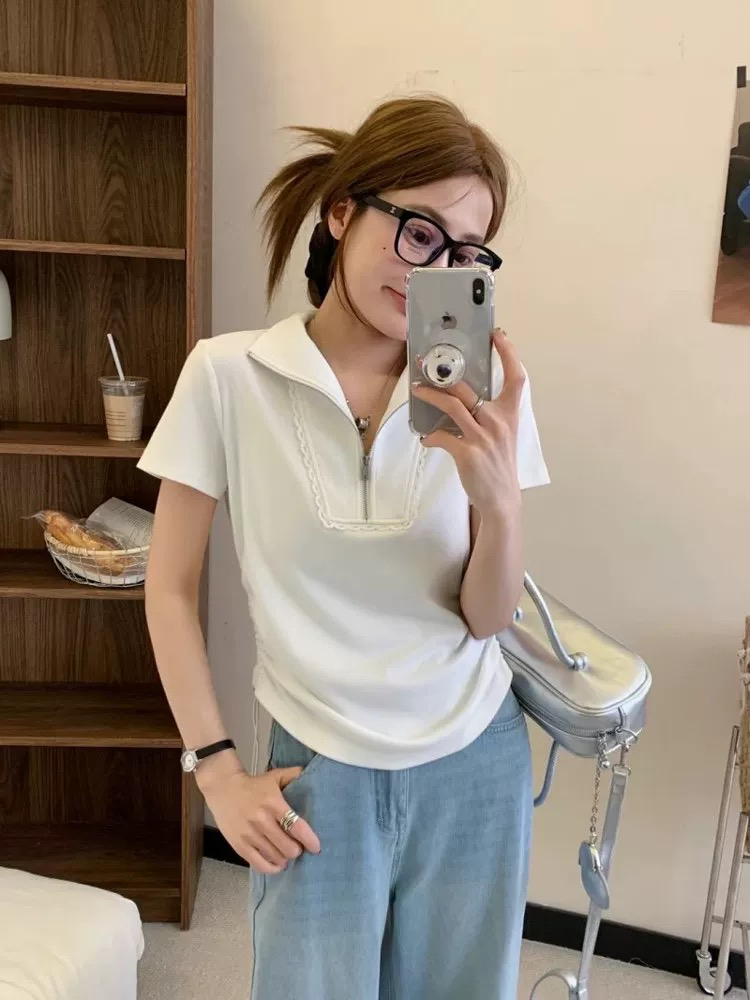妮妮家1858夏季新款韩系甜美蕾丝拉链立领短袖T恤