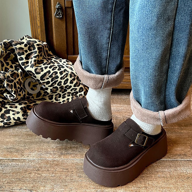 时尚气质网红复古厚底包头半拖鞋女外穿2024新款秋冬增高勃肯鞋子