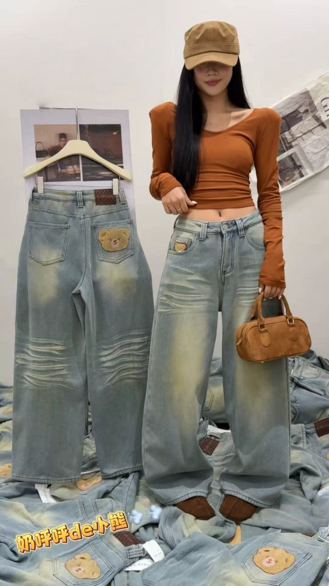 韩系冬季时尚短裤高腰直筒裤做旧女装女士阔腿裤牛仔裤