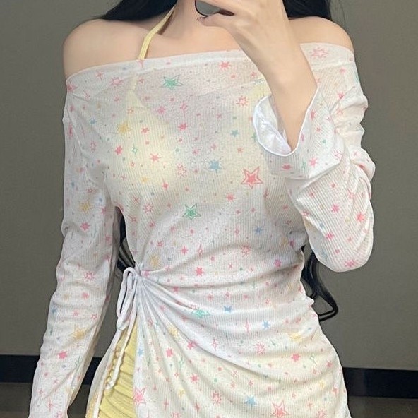 新款可爱纯欲风分体平角裤保守款长袖星星罩衫三件套泳衣女泡温泉