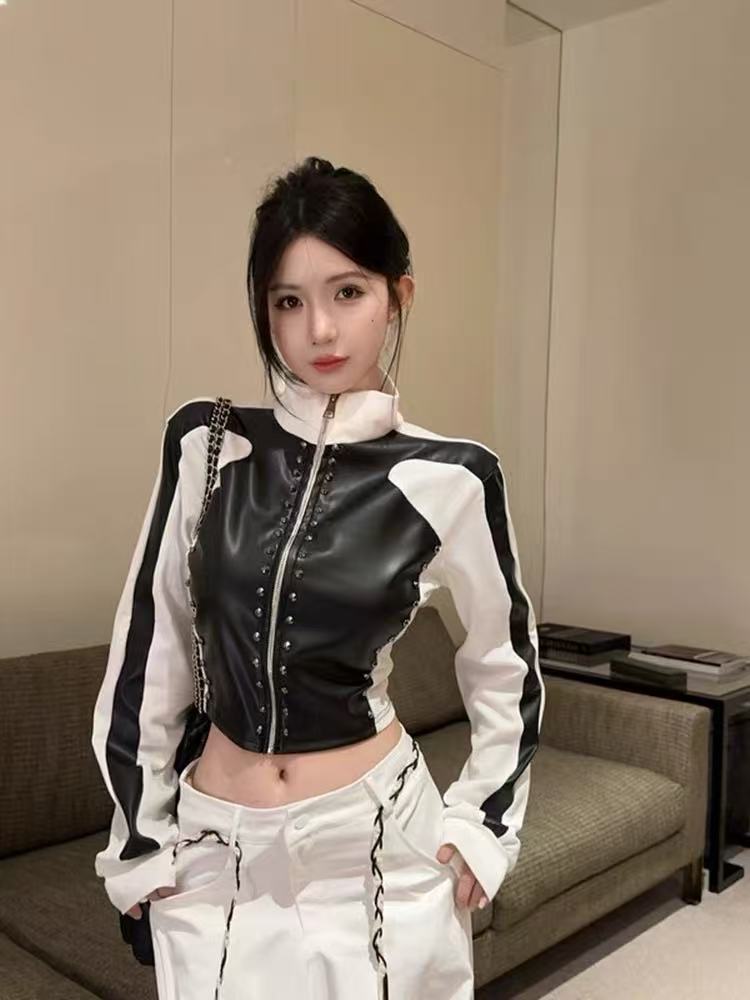 美式pu皮拼接长袖酷飒辣妹短款上衣高级感拉链开衫外套