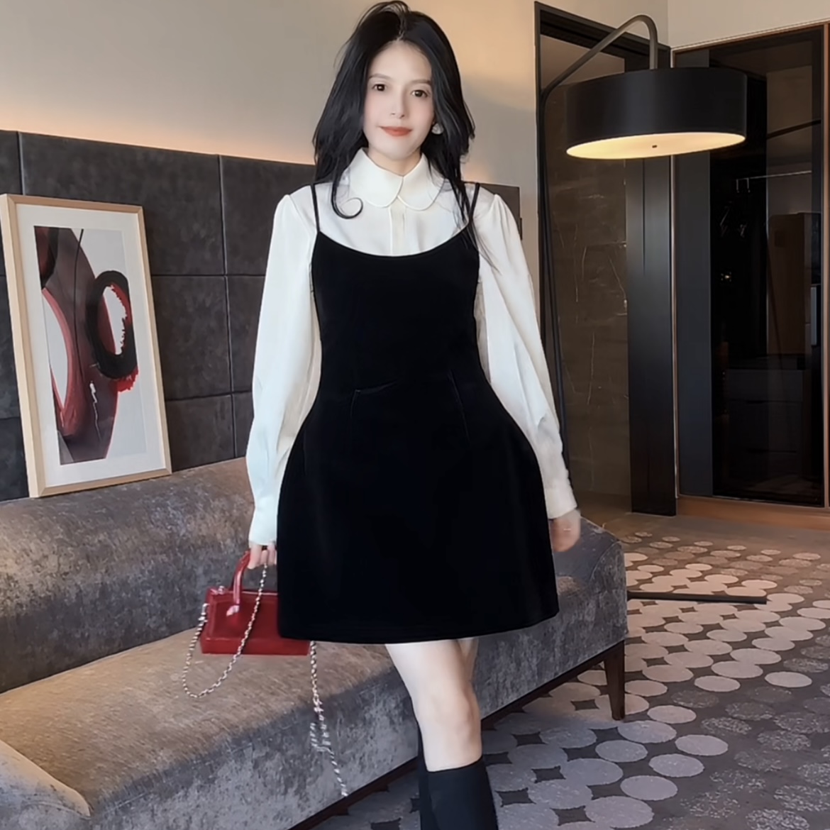 运费补贴冬季新款两件套显瘦时尚气质收腰衬衫背带连衣裙套装