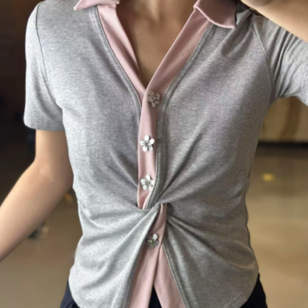 D50077南油爆款V领纽结收腰短袖上衣