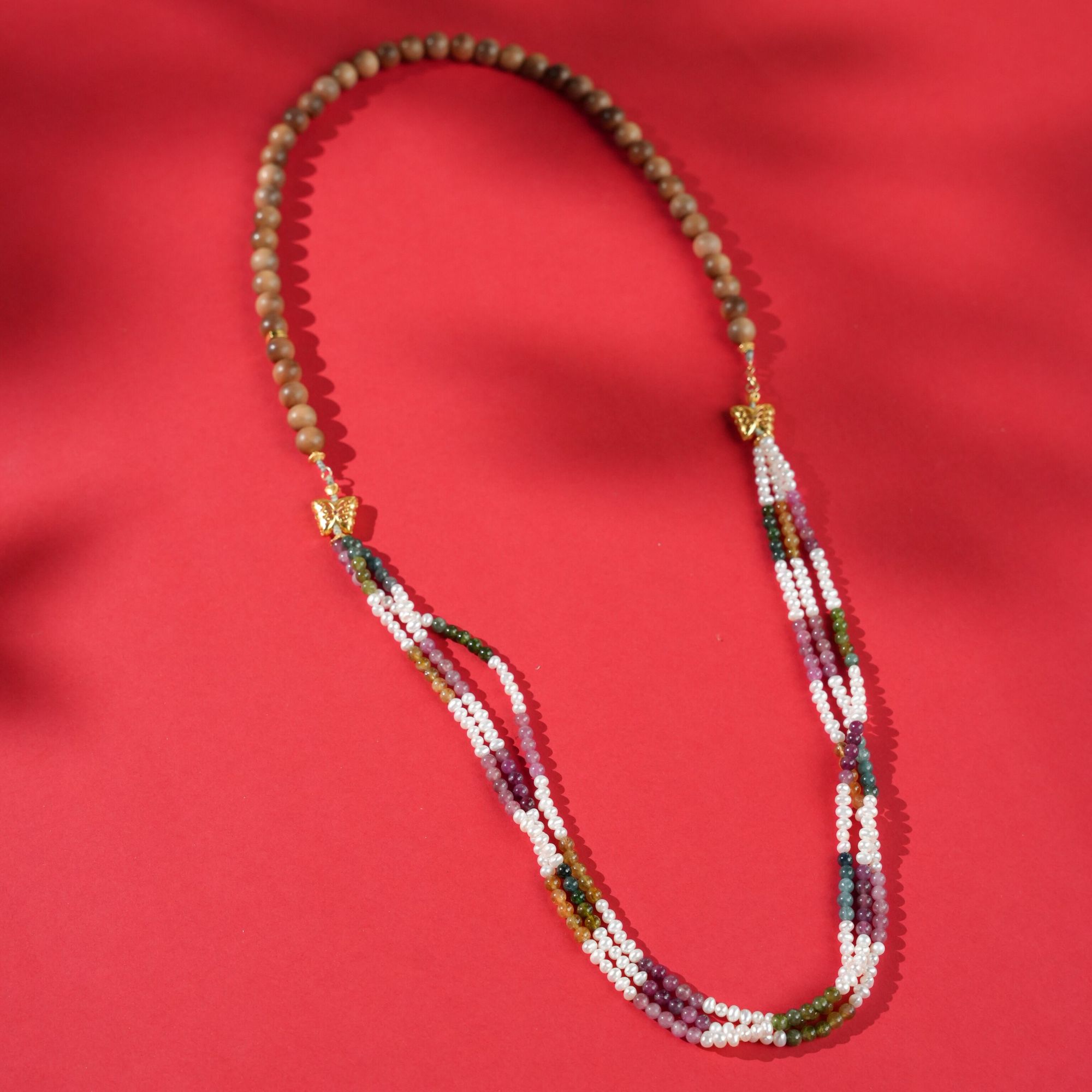 【令蝶】横纹老山檀0.8碧玺珍珠项链XMCSJGPK-056