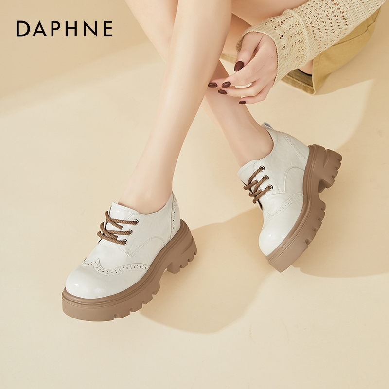 Daphne/达芙妮厚底系带小皮鞋女深口单鞋2026年新款增高乐福鞋