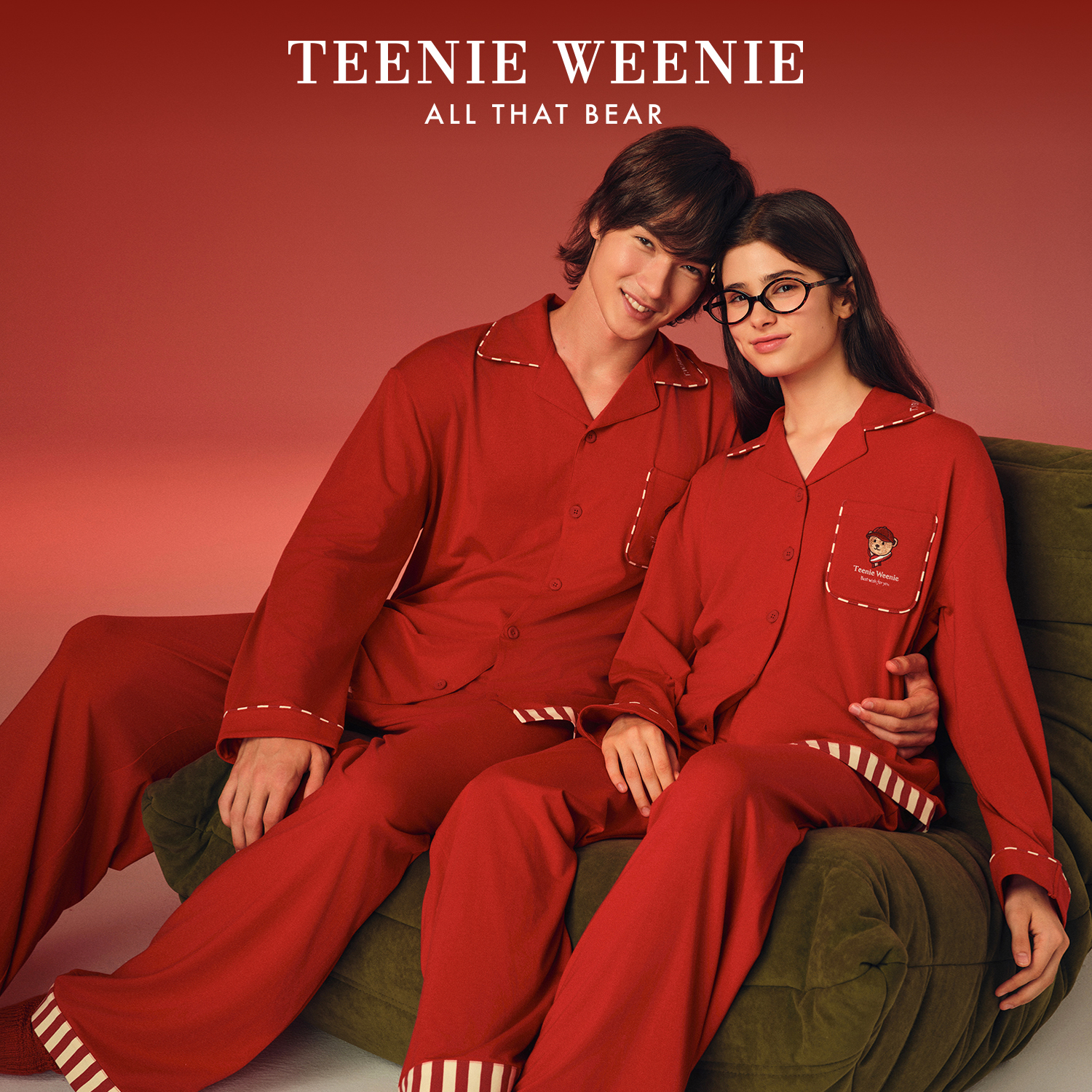 Teenie Weenie本命年秋冬红色棉氨开襟舒适情侣睡衣家居服套装