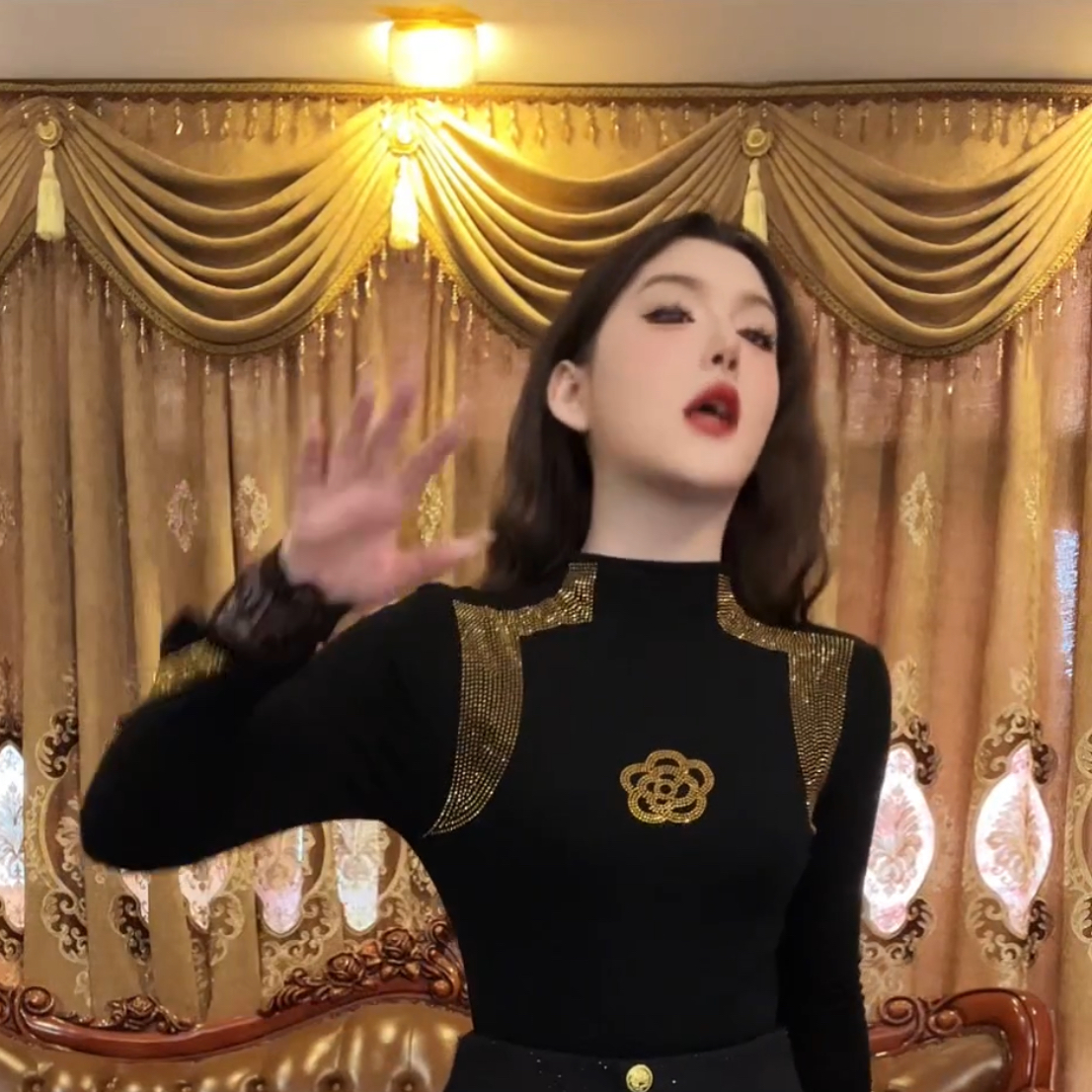 1 加绒打底衣女士弹力T恤时尚搭配玫瑰花中高领上衣网红长袖洋气