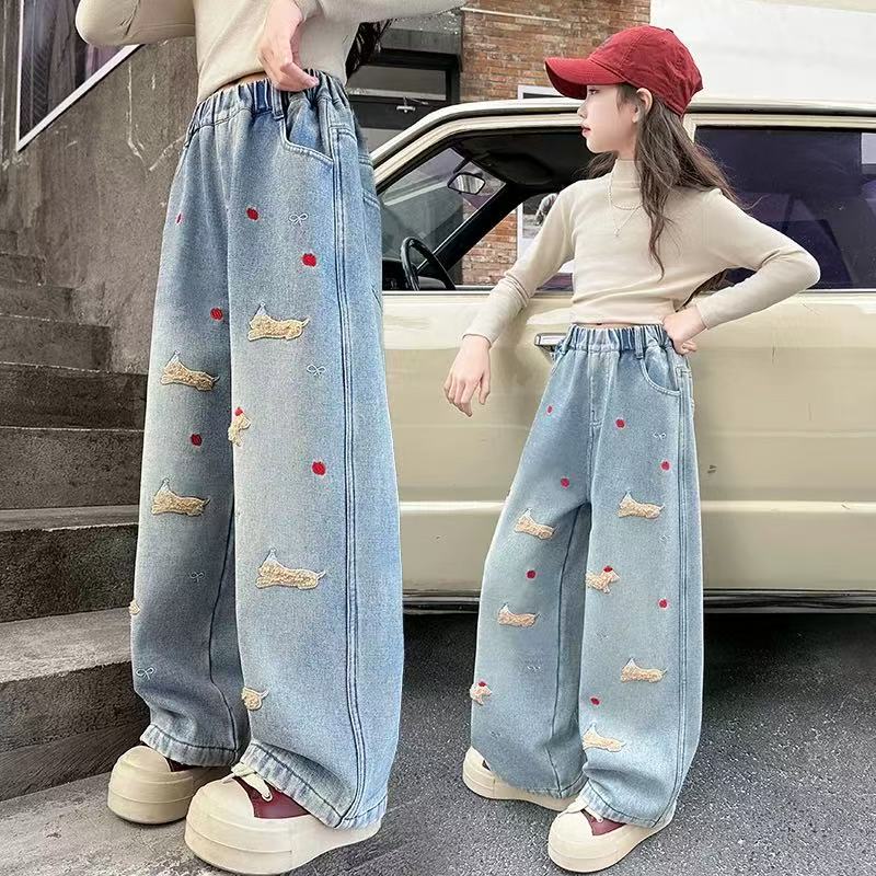 女童春季牛仔裤百搭女中大童春装裤子洋气儿童春秋腊肠狗阔腿裤