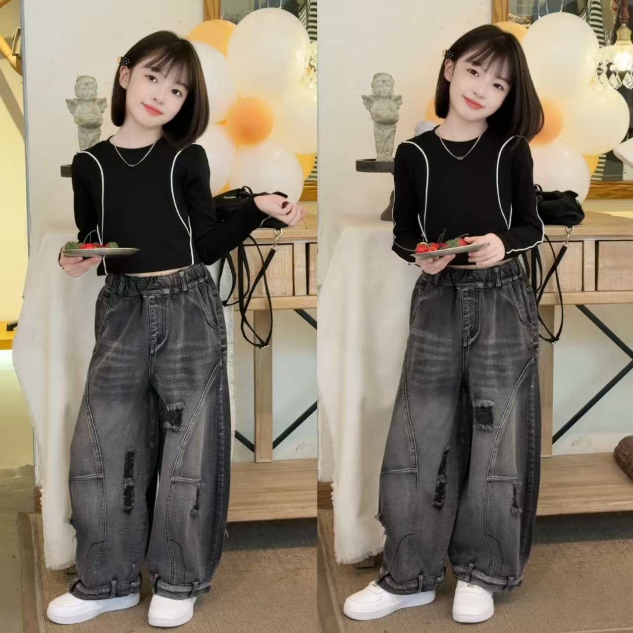 女童套装2025新款春装网红炸街洋气牛仔裤打底衫韩系穿搭儿童衣服