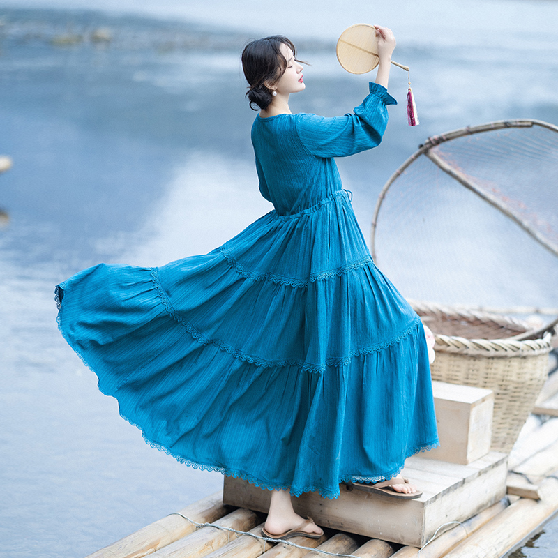 【浮舟沧海】V领蓝色连衣裙浪漫拼接蕾丝花边长裙女装2025春季裙