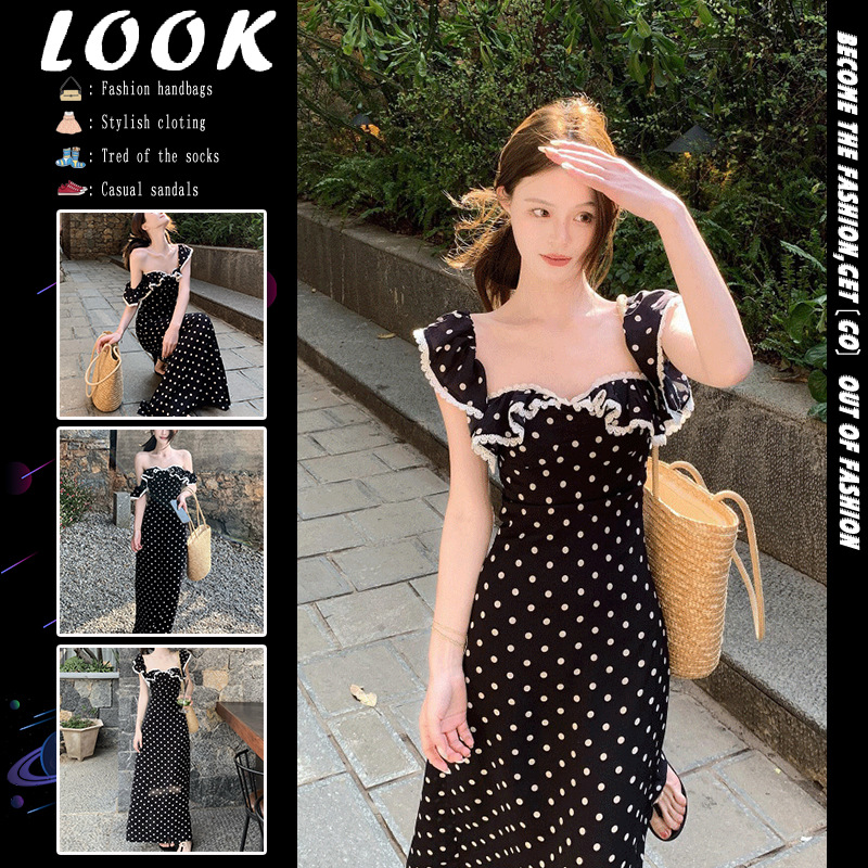 新款夏季性感蕾丝拼接连衣裙黑色波点方领收腰长裙女性私房名媛风
