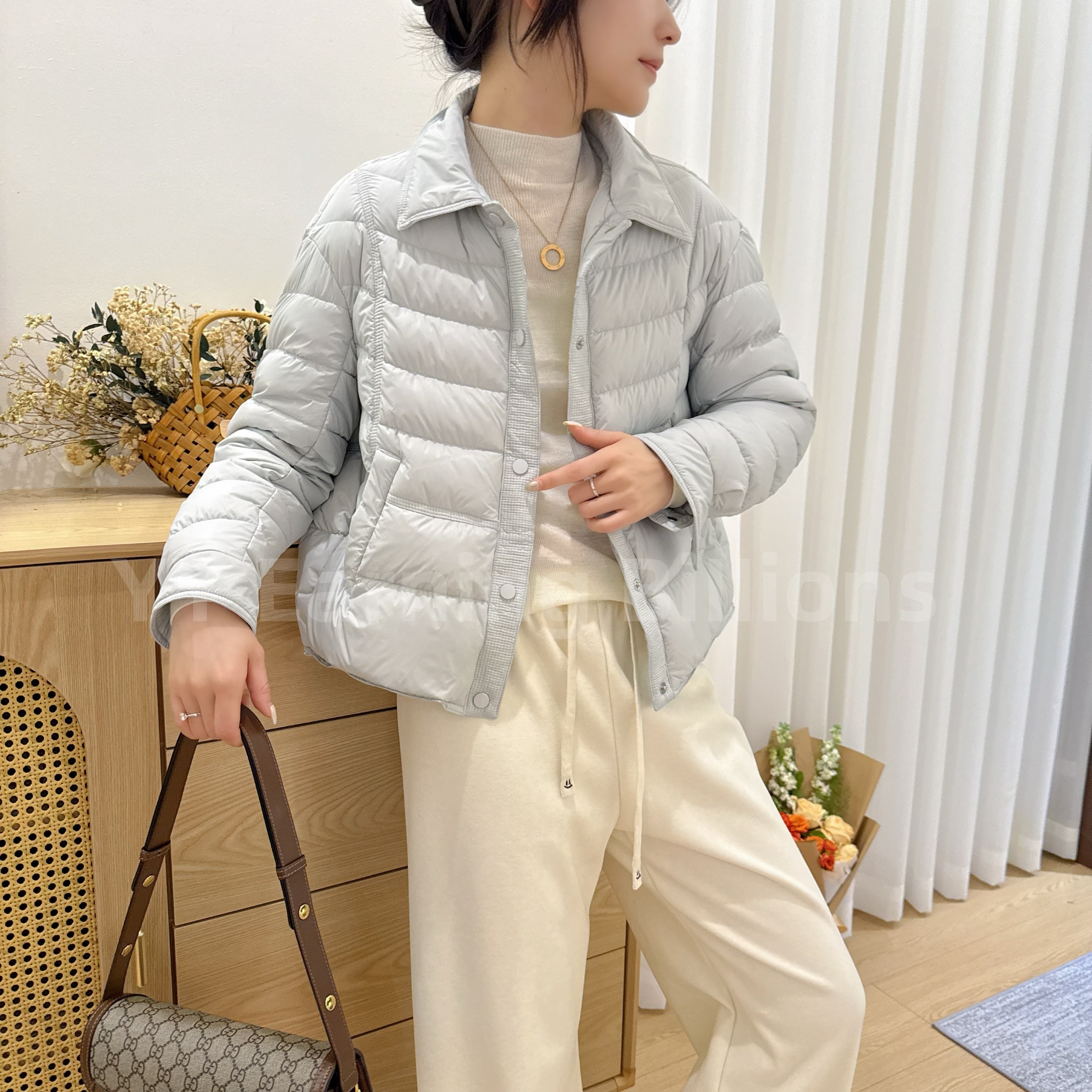 YY Earning BiIIions2025秋冬新款翻领轻薄羽绒压褶宽松时尚外套