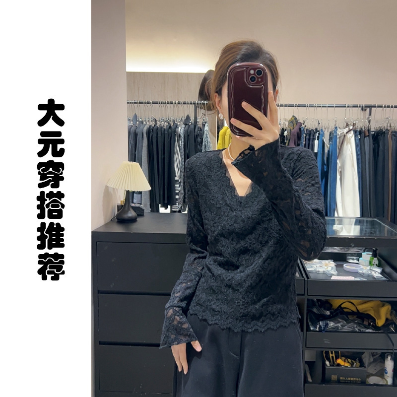 【大元穿搭推荐】百搭蕾丝长袖常规蕾丝衫显瘦气质勾花拼接V领上衣