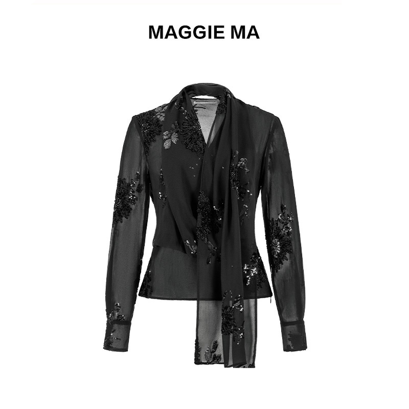 MAGGIE MA马婧设计师款早春别致漂亮小衫亮片绣花丝巾雪纺衫047S
