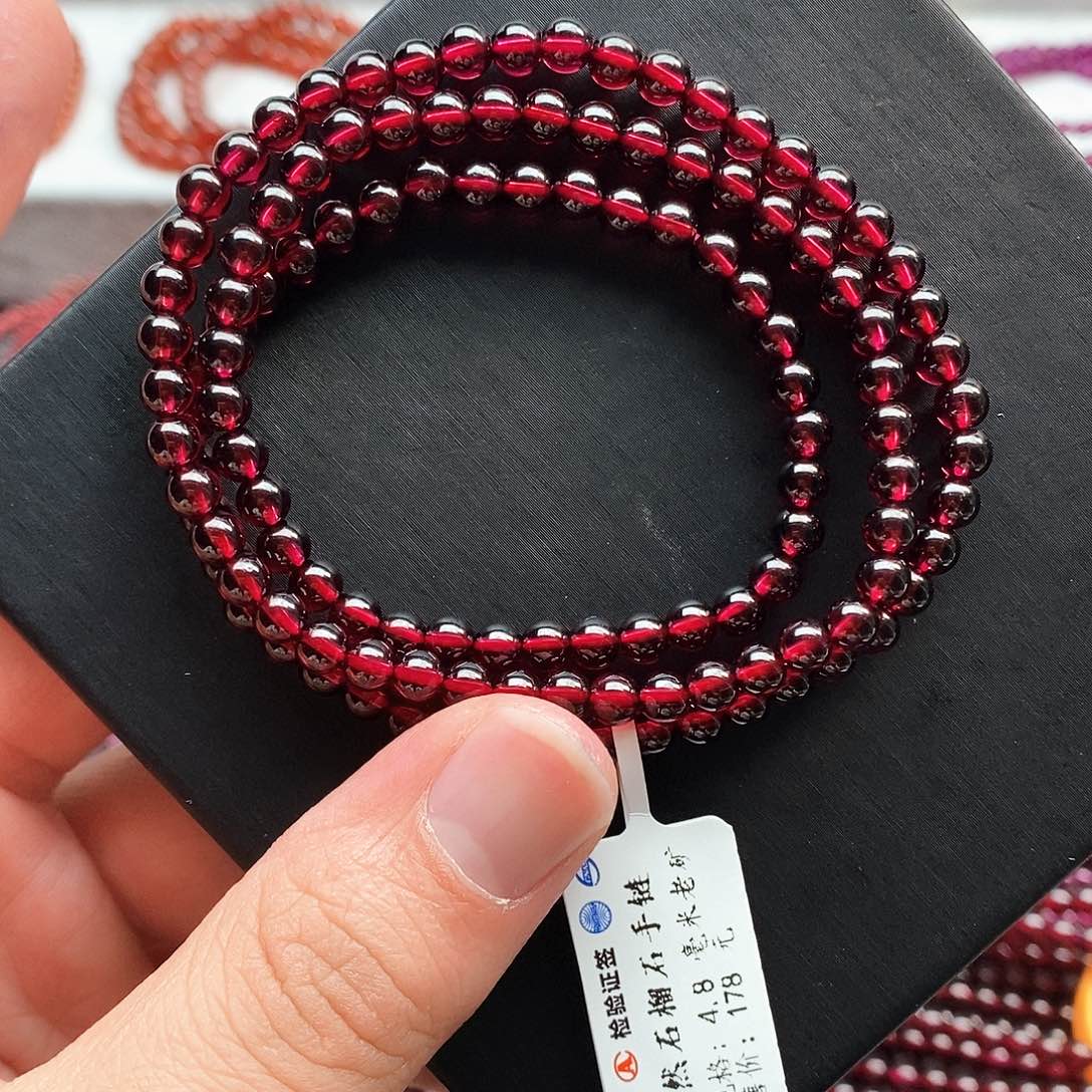 石榴石手链未镶嵌4.8mm老矿酒红偏玫红9A